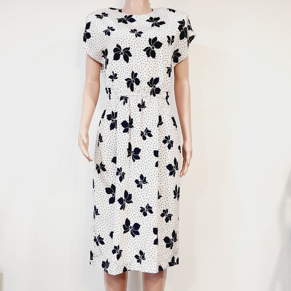 Leslie Fay Vintage 80's Womens Blue/White Polka Dot Bow Print Dress Size 8